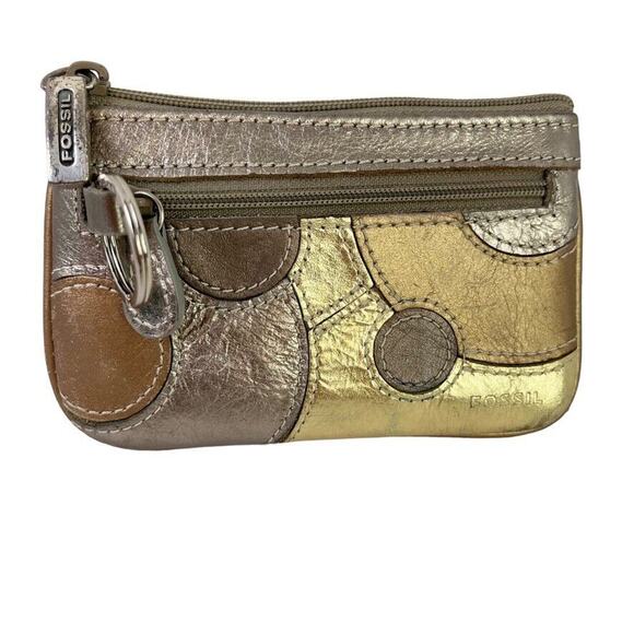 Fossil Womens Metallic Leather Coin Purse ID Holder Small Wallet Key Chain Bag - Picture 1 of 16